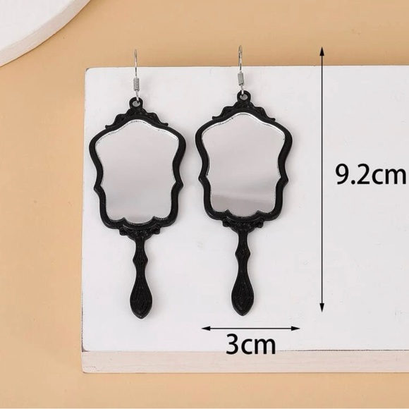 Black Hanging Mirror Lightweight Earrings - Picture 3 of 4